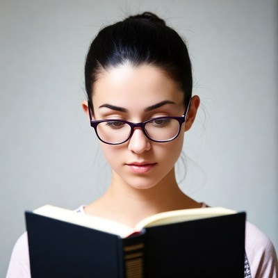 Young woman reading book with glasses