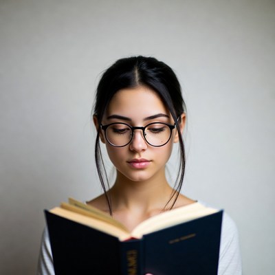 Asian woman reading book with glasses