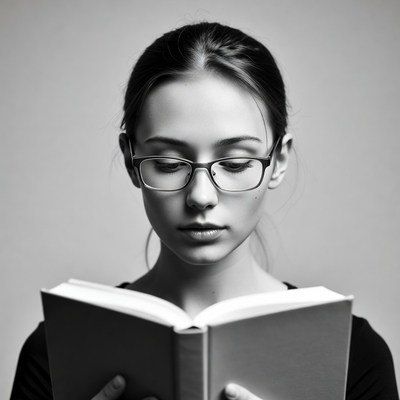 Young woman reading book in glasses