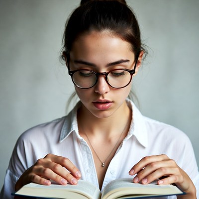 Young woman reading book with glasses