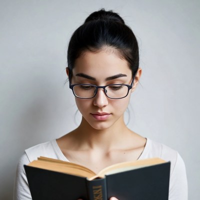 Young woman reading book with glasses