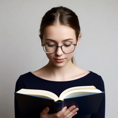 Young woman reading book in glasses