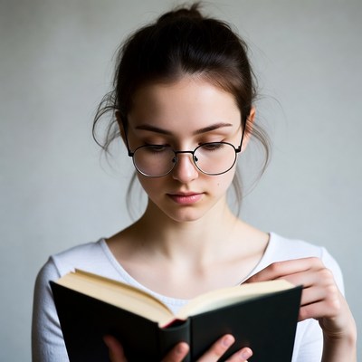 Young woman reading book with glasses