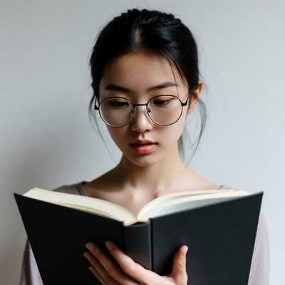 Asian woman reading book glasses