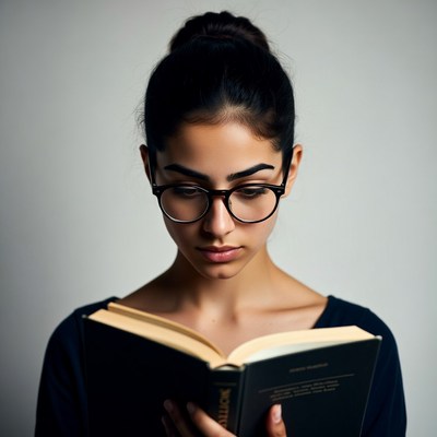 Woman reading book with glasses