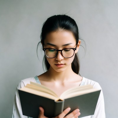 Asian woman reading book glasses