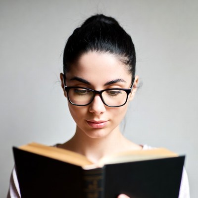 Woman reading book with glasses