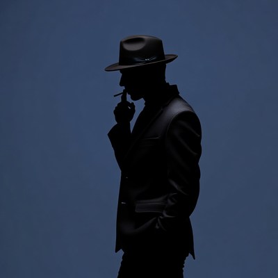 Silhouette man smoking cigarette in fedora