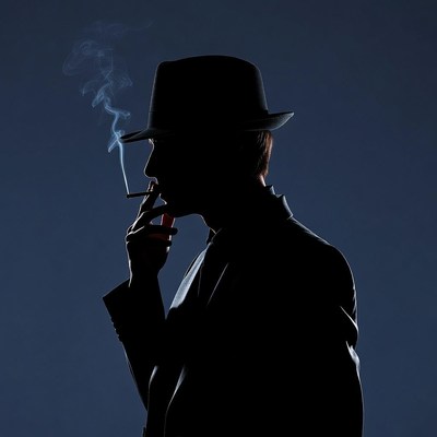 Silhouette man smoking cigarette in fedora
