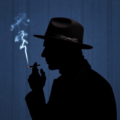 Man silhouette smoking cigarette in fedora