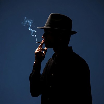 Silhouette man smoking cigarette in fedora