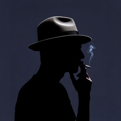 Silhouette man smoking cigarette in fedora