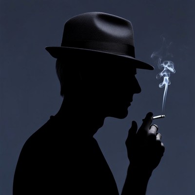 Man silhouette smoking cigarette in fedora