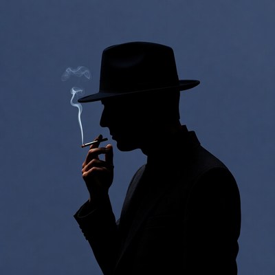 Silhouette man smoking cigar in fedora