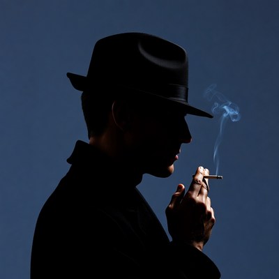 Silhouette man smoking cigarette in fedora