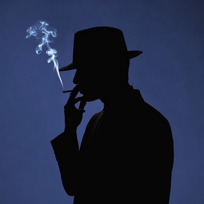 Man silhouette smoking cigarette in fedora