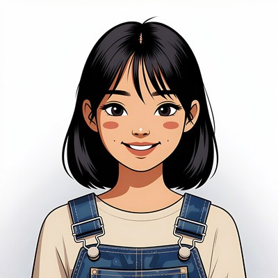 Anime girl smiling in denim overalls