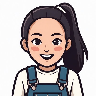 Smiling Asian girl in denim overalls