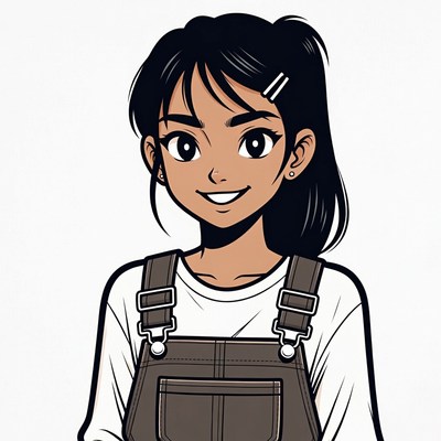 Anime girl in overalls smiling