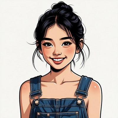 Asian woman in denim overalls smiling