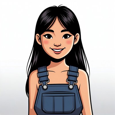 Asian girl in blue overalls smiling