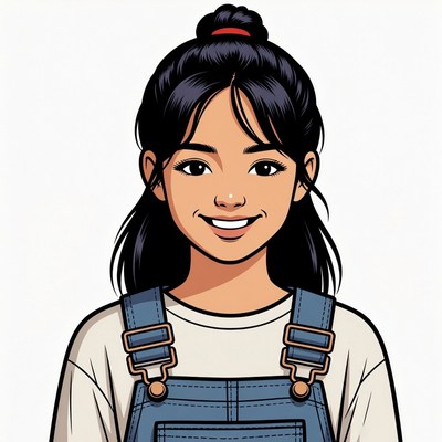 Smiling Asian woman in denim overalls