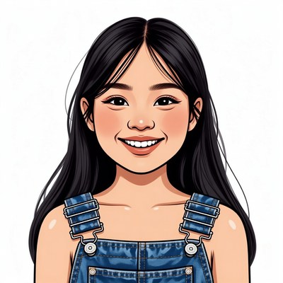 Smiling Asian girl in denim overalls