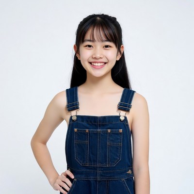Asian girl smiling in denim overalls