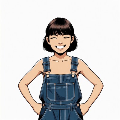 Asian girl smiling in overalls
