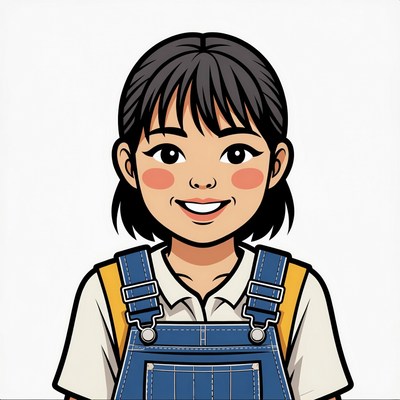 Smiling Asian girl in blue overalls