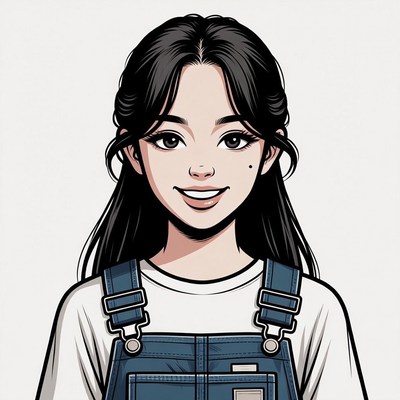 Anime girl smiling in denim overalls