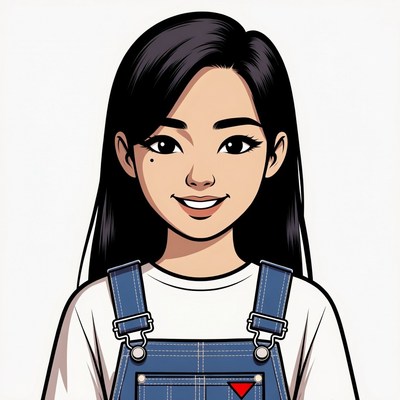 Asian girl in denim overalls smiling