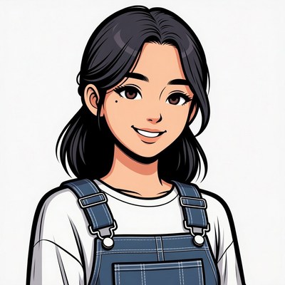 Anime girl in denim overalls smiling