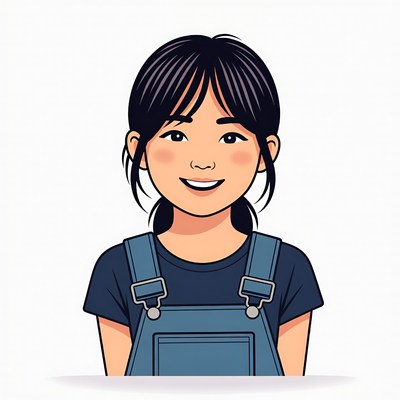 Smiling Asian girl in denim overalls