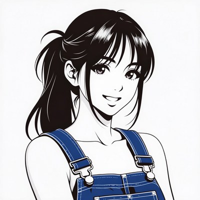 Anime girl in blue overalls smiling