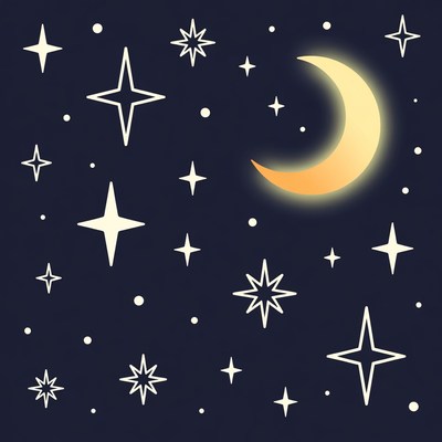 Crescent Moon and Stars Night Sky