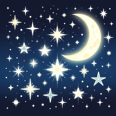 Cartoon Crescent Moon and Stars