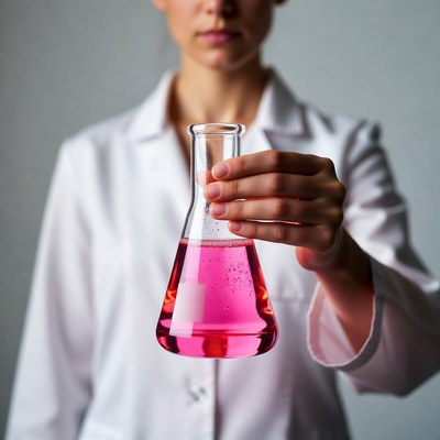 Woman holding pink chemical flask