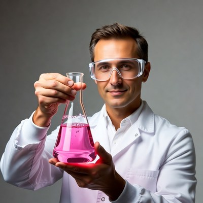 Man in lab coat holding pink flask