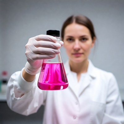 Woman holding pink liquid flask