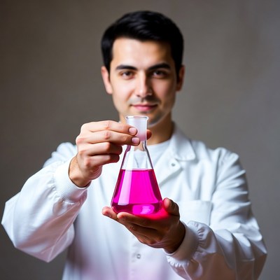 Man holding pink chemical flask
