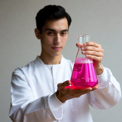 Asian man holding pink lab flask