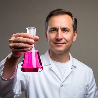 Man holding pink liquid Erlenmeyer flask