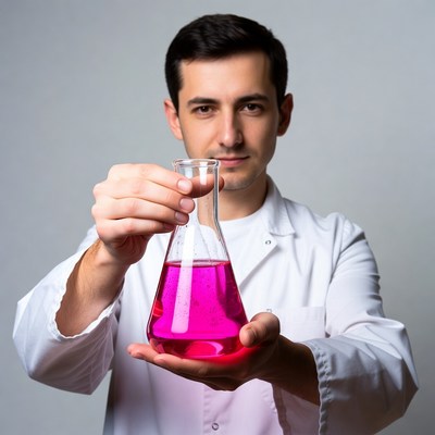 Man holding pink liquid flask