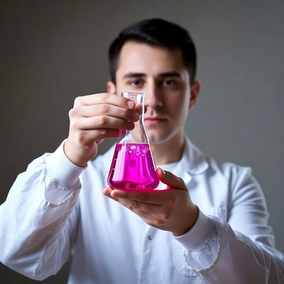 Man holding pink chemical flask