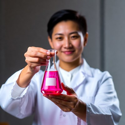 Asian woman holding pink lab flask