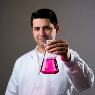 Man holding pink liquid Erlenmeyer flask