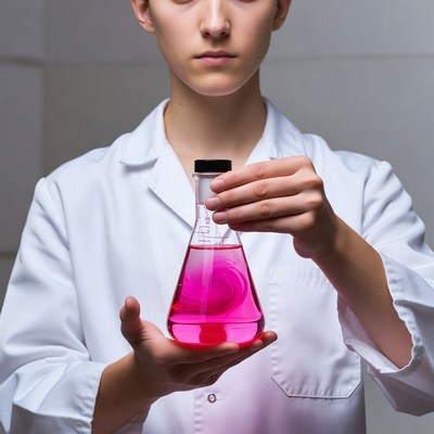 Teen girl holding pink lab flask