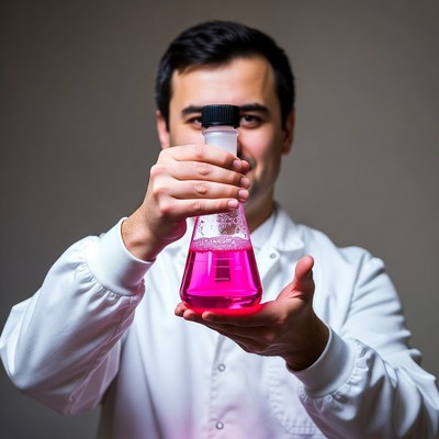 Asian man holding pink lab flask