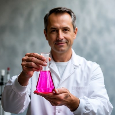 Man holding pink chemical flask